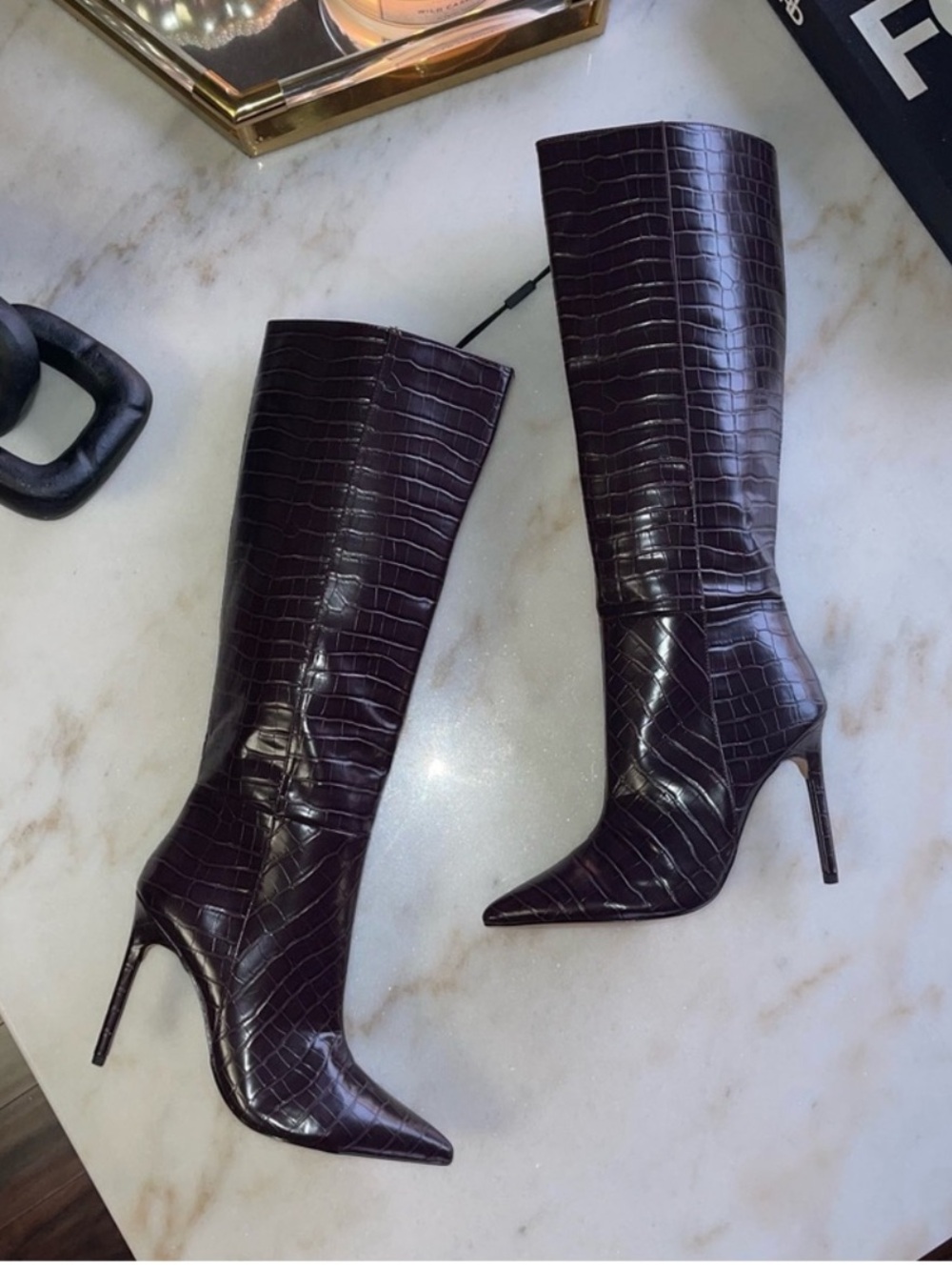Express Plum Croc Embossed Faux Leather‎ Stiletto Heel Knee High Boots Size 8